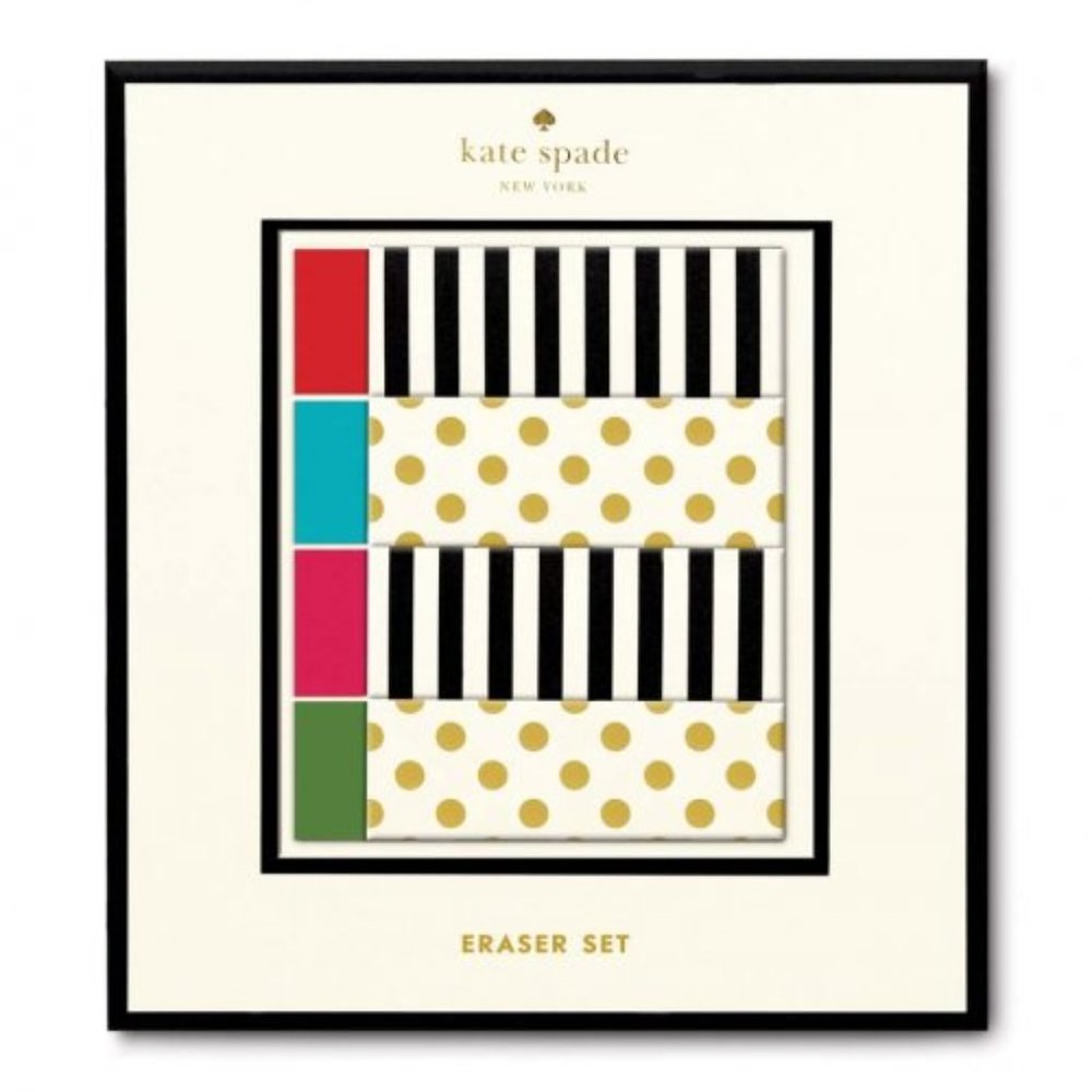 Boxed Kate Spade Eraser Set | Colourful | Black & White Stripes & Gold Polka Dot